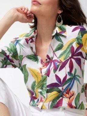 Chicos Tropical Floral Linen Button Up Shirt Size 16